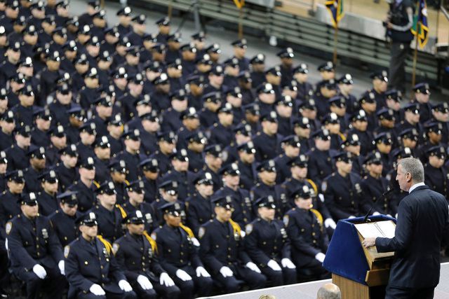 Mayor Bill de Blasio speaking at the NYPD's graduation ceremony at Madison Square Garden